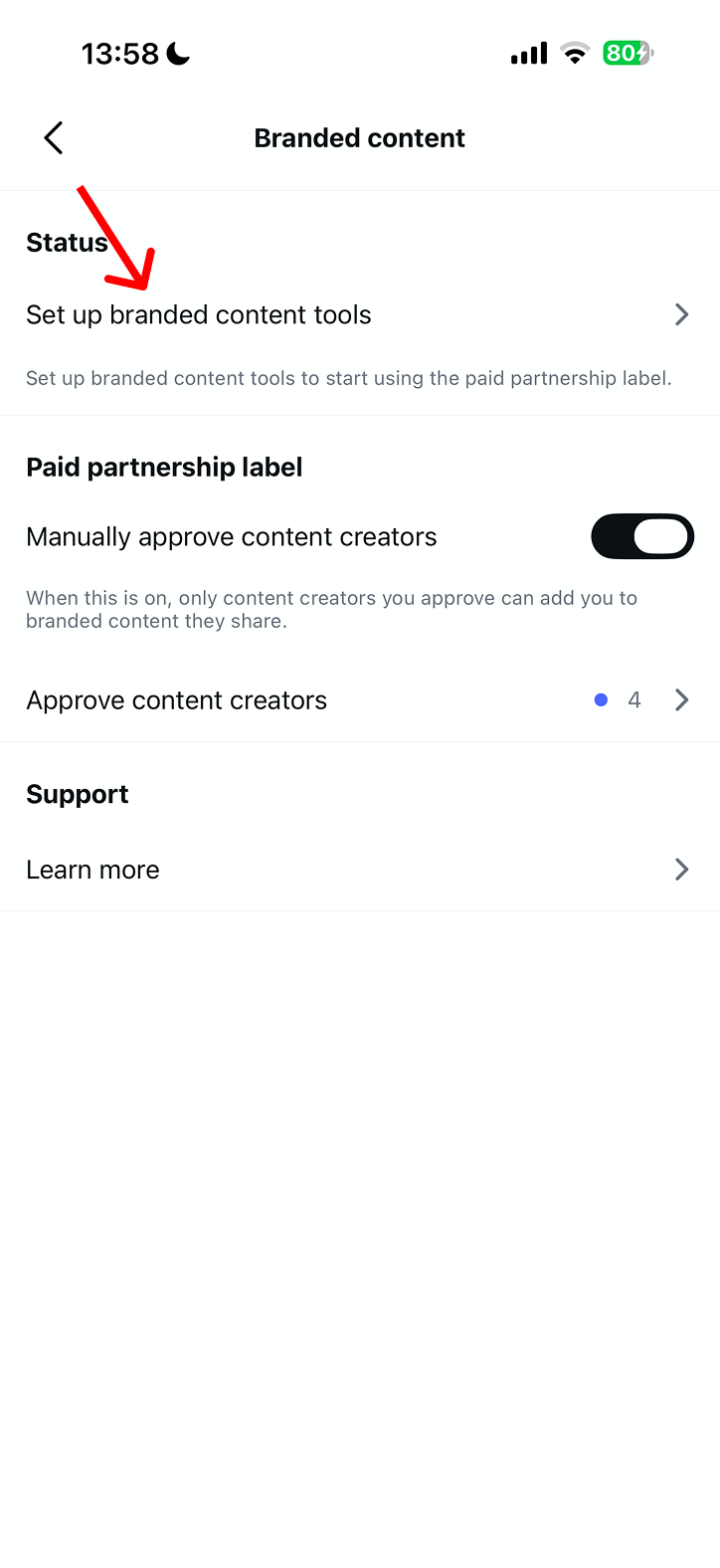 Branded content Setup-Bildschirm