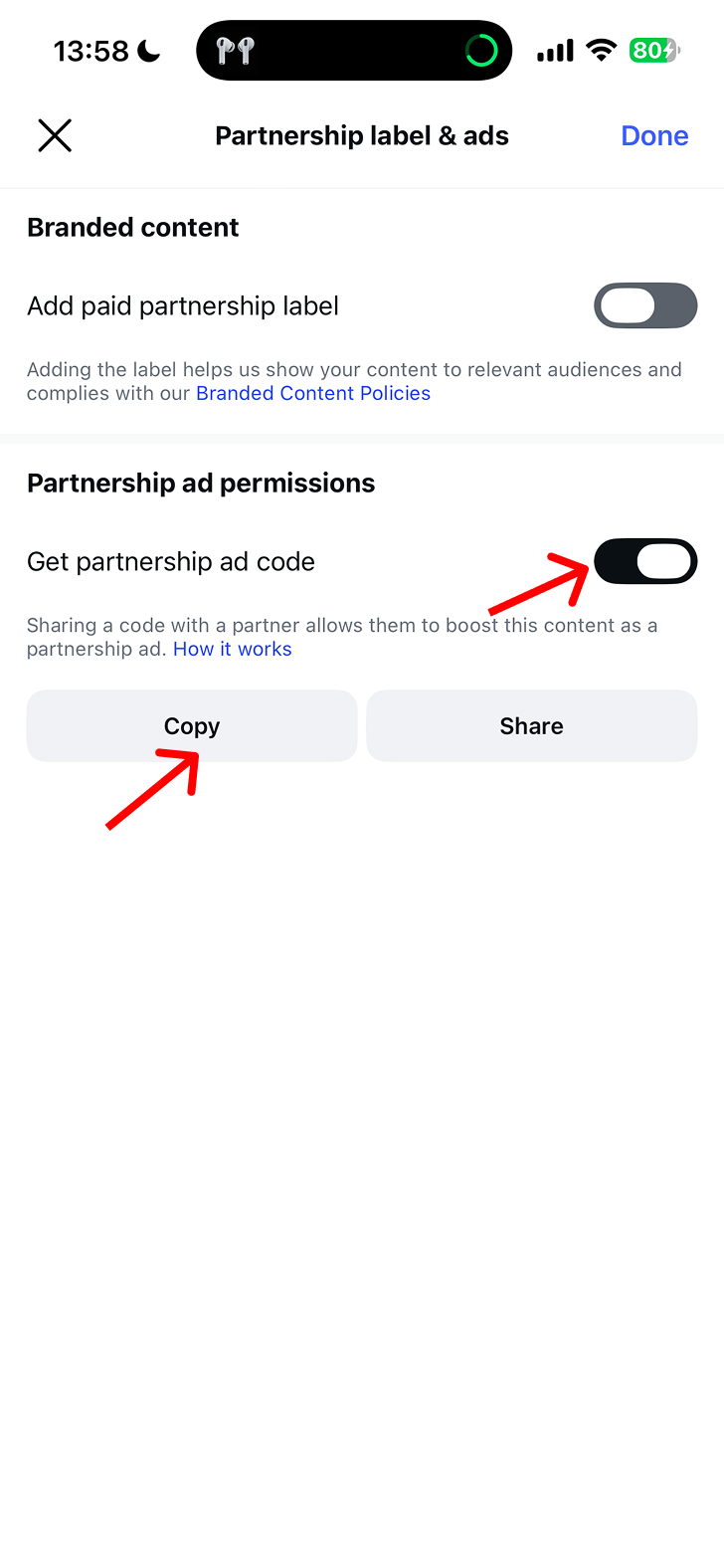 Partnership Ad Code Schalter und Copy-Button